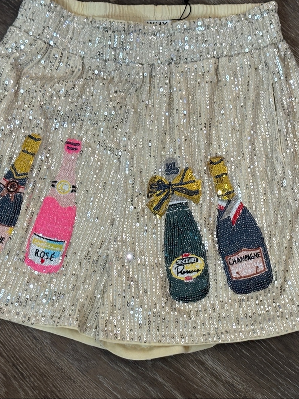 Women’s Sequin Champagne Bottle Party Shorts - Gold with Multicolor Embroidery